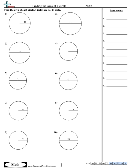Area & Perimeter Worksheets - Finding the Area of a Circle  worksheet